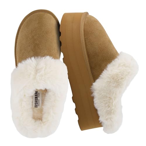 CUSHIONAIRE Husky 100% Genuine Suede Platform Slippers for Women with Fuzzy Faux Fur Lining, Comfortable Memory Foam Platform Clog Slippers, Wide Widths Available, CHESTNUT 9 at Amazon