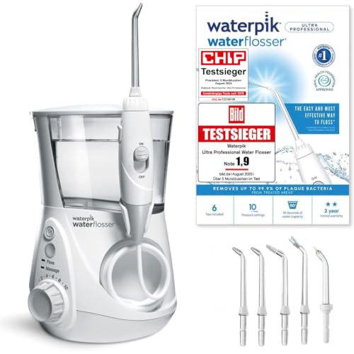 Waterpik Ultra Professional Munddusche, Testsieger 2026, Precision Pulse Technology, TÜV Siegel, bis zu 99,9 Prozent Plaque Entfernung, 6x Aufsätze, 1