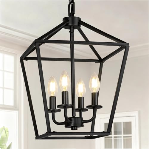 Photo 1 of 4 Light Chandelier, Industrial Ceiling Light Black Lantern Light Fixtures with Farmhouse Metal Cage Adjustable Height Rustic Geometric Hanging Light E12 Base for Kitchen Island, Entryway, Indoor