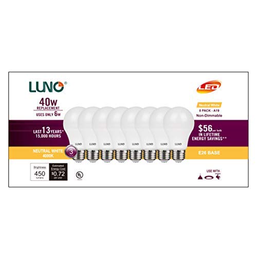 LUNO A19 Non-Dimmable LED Bulb, 6.0W (40W Equivalent), 450 Lumens, 4000K (Neutral White), Medium Base (E26), UL Certified (8-Pack)