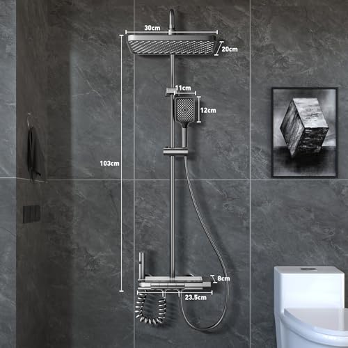Koeutoze Sistema Doccia con display digitale a LED, soffione doccia XL a pioggia, doccetta, getto ausiliario e rubinetto a cascata – Acciaio inossidabile – Colonna Doccia Regolabile (Grigio)