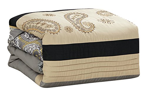 WPM 7 Piece Bedding set, Grey, Beige, Taupe Comforter with Accent pillows Bed in a Bag Paisley (Queen)