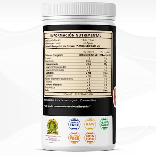 Aceite de Coco Certificado Orgánico 930ml, sin sabor y sin olor, primer prensado en frio, certificado orgánico nacional e internacional.