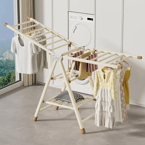 Zucng Large Folding Clothes Dryer Clothes Drying Rack, Metal Laundry Drying Rack Free-Standing Drying Rack Clothing for Indoor Outdoor Windproof 3 Tier, Cream