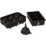 Large Flexible Silicone Ice Cube Trays - Set of 2 - Square Ice Tray and Sphere Shaped Ice Tray (Black) and BONUS Funnel