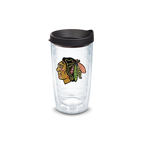 Tervis 1089666 "NHL Chicago Blackhawks" Tumbler with Black Lid, Emblem, 16 oz, Clear