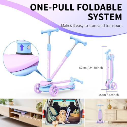 BELEEV A8 Children’s Scooter, 3 to 12 Years Old, Kids’ Folding Scooter with 3 Wheels and LED Lights, 4 Adjustable Heights, Non-Slip Bridge, Scooter for Children and Girls, Childhood Gift