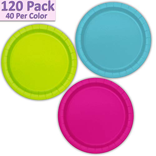 120 Paper Dessert Plates (7") - Aqua, Neon Green, Neon Pink - 40 Per Color, 3 Colors - Great Assortment for Birthday Parties, Weddings, Holidays, Baby Shower, Celebrations, and more