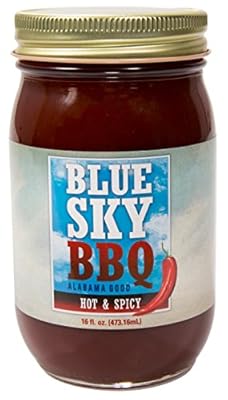 BBQ Sauce-Blue Sky BBQ Hot & Spicy-All Purpose Craft Gourmet Barbecue Sauce-Gluten Free-Grilling-Smoking-Rib-Brisket-Salmon-Pork-Chicken-Hamburger- Sauce, 16 fl oz Glass Jar