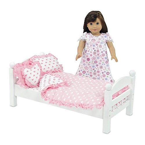 18 Inch Doll Accessories | Reversible Pink Heart Print Ruffled Bedding Set with Comforter, 3 Pillows and Sheet | Fits American Girl Dolls