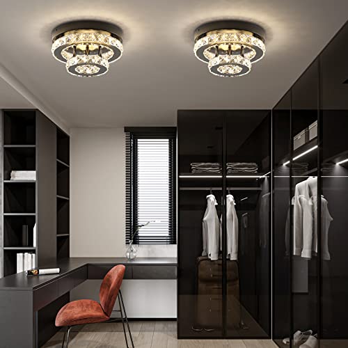 ECOBRT Mini Crystal Chandeliers Modern Black Flush Mount Ceiling Light Surface Mount Led Ceiling Light Bedroom Ceiling Lights Indoor 9.8