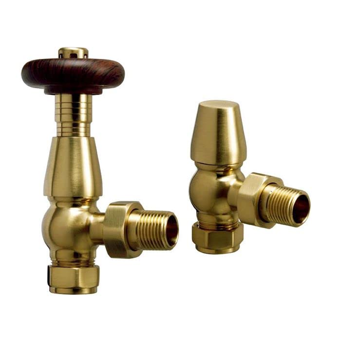 Traditional Angled Radiator Valves - Brushed Brass Thermostatic TRV Valve Pair 15mm / ½” - Stylish Heating Control for Column & Towel Radiators