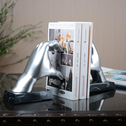 HAUCOZE Soporte de Libros Sujetalibros, Corazón Mano Escultura Decoración Moderna Arte Interior Estatua Hogar Regalo para Salón Oficina Comedor Plata 31cm