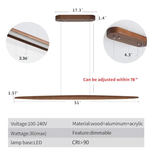 YISDESIGN 51" Wood Linear Pendant Light Wood Dining Room Light Fixture Modern Pool Table Lights Kitchen Island Lights for Dining Room Bar Kitchen Island Walnut Color