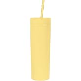 uxcell Skinny Tumbler with Lids and Straws, 16Oz Matte Yellow Skinny Tumbler Bulk, Reusable Pastel Acrylic Tumbler, Double Wall Plastic Tumbler for Cold Hot Drinks, Coffee DIY