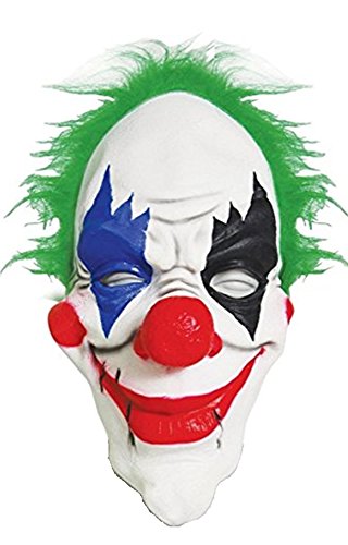 DELUXE SCARY Halloween Clown Face Mask with Green Hair and Big Nose ~ Adult Size