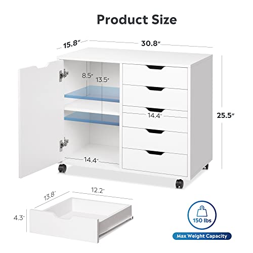 DEVAISE 5Drawer Wood Dresser Chest with Door, Mobile Storage