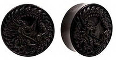 Blazers Jewelry 1985 PAIR of ORGANIC Dragon Carved Areng Wood Double Flared Flesh Tunnels Ear Plugs Rare 1 1/16" (27mm)