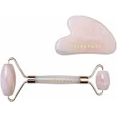 Rose Quartz Natural Stone Curved Facial Roller & Guasha Set - Jade Facial Massage and Face Sculpting Tool by Ikisatori (Rose Quartz)