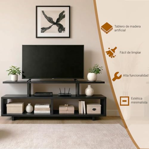DNIDIO Mueble para TV Moderno, Mesa para TV con Consola de 3 Niveles,Centro de Entretenimiento para TV(110cm, Negro)