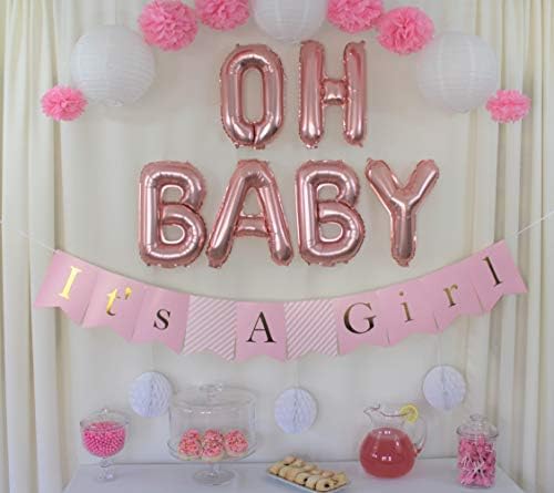 Baby Shower Decorations for Girl, It's A Girl Banner,Pink and Gold Baby Shower Decorations, Tissue Paper, Fans, Honeycomb Paper Balls, Tassels, 18pcs, Hanging,Party Supplies,Indoor/Outdoor