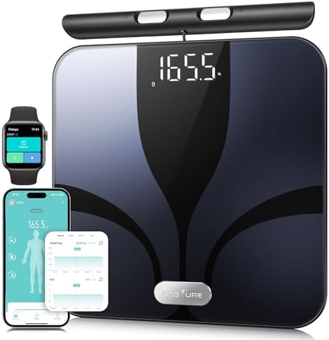 Bilancia Pesapersone Digitale Percentuale di Grasso 8 Elettrodi, Piattaforma Grande, Analizza 28 Elementi della Composizione Corporea, BMI, Bilancia Intelligente da Bagno Sync App, 180 kg