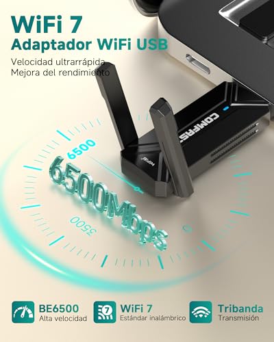 COMFAST BE6500 Adaptador WiFi USB para PC, Receptor WiFi USB 3.0, Antena WiFi 7 para Windows 10/11, Tri-Banda 6G/5G/2,4G, 2x6dBi Antenas de Alta Ganancia, WPA3, MU-MIMO, OFDMA & MLO