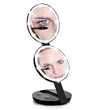 1X/10X Vanity Mirror, Trifold Travel Lighted Makeup Mirror Illuminated with 16 LED Lights, Standing Double Foldable Mirror for Eye Makeup, 10X Magnifying, Compact for Women-Black