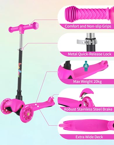 BELEEV 3 Wheel Scooter for Kids Ages 2-6, Scooter for Toddlers Girls Boys, 4 Adjustable Heights, Light Up Wheels, Lean to Steer System, Extra-Wide Deck, Kick Scooter for Children Beginners