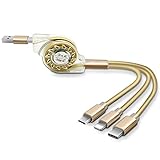 Multi Charger Cables, J2CC Multi USB Charger Retractable 3 in 1 USB Cable with 8 Pin Lightning, USB C, Micro USB Charger Connector for Android & iPhone Smartphones, iPad Tablets[3.3 Feet(1M) Gold)]