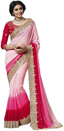 Aarah Women's Elegant Wedding Saree And Party Wear Sari Free Size Red And Pink Pedding