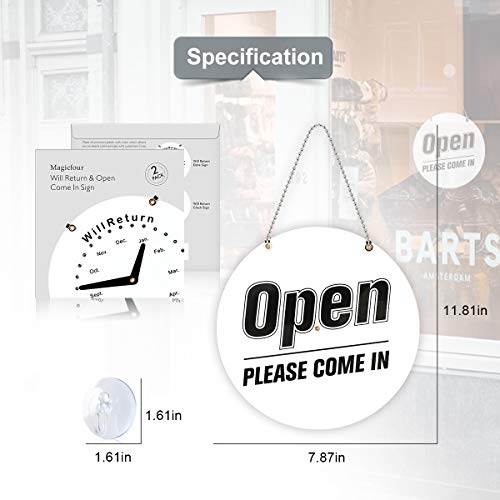 Will Return Sign, Open Sign, 2 Pack Double Side Will Return Clock/Date Sign & Open Please Come in Sign Store Sign Business Sign with Chain for Door Window Restaurant Bar Retail Barber Shop Salon Shop