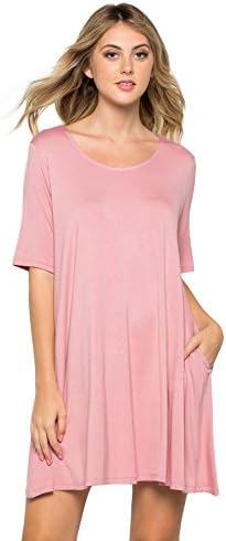 Women's Short Sleeve Pockets Casual T-Shirt Flowy Swing Dress (Medium, Dusty Pink)
