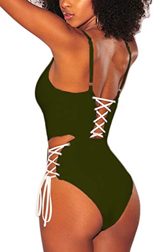 Almaree Lace Up Swimsuit for Women V Neck Criss Cross Cutout 1 Piece Swimwear Green M