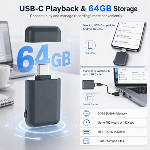 Mini Registratore Vocale - 64 GB Dittafono Registratore Vocale 1536 Kbps con Registrazione One-Touch, Registratore Vocale Spia Discreta per Riunioni, Corsi