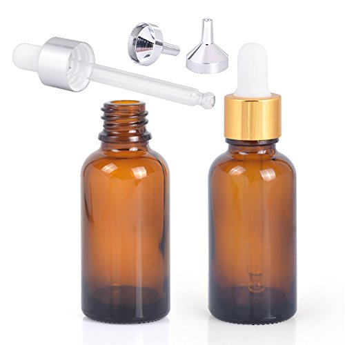 Dropper Bottle,1OZ Amber Glass Bottles With Glass Eye Dropper Dispenser For Essential Oils ，Chemistry Lab，Chemicals,Colognes&perfumes Dropper Bottle With 2 pcs sliver funnels (pack of 2)