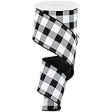 Plaid Check Wired Edge Ribbon - 10 Yards (Black, White, 2.5