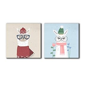 Square Canvas Wall Art of Children Painting White Lamb Bunny Dressed in Winter Clothes Children Painting | 12"x12" x 2 Panels
