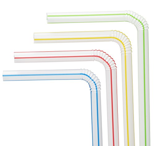 Flexible Plastic Straws 200 Pack - Striped Multi Colored BPA-Free Disposable Bendy Straw 8