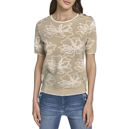 KARL LAGERFELD Paris Women's Short Sleeve Crew Neck Floral Sweater, Fresh Mint/…