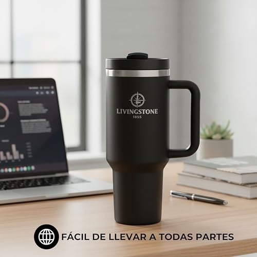 Livingstone1855 Vaso térmico 1.2L, Mantiene 24h Frío / 12h Calor, Termo Acero Inoxidable 304 con Asa y Pajita, Antifugas, Taza térmica grande Reutilizable, Sin BPA, Ideal Gimnasio, Oficina y Viaje