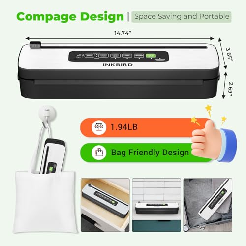 INKBIRD Compact Vacuum Sealer Machine INK-VS05 for Kitchen Use, Preserve Dry/Moist/Liquid Food with 4 Modes, Food Packer with Built-in Cutter and Overheat Protection, Ideal for Freshness Preservation