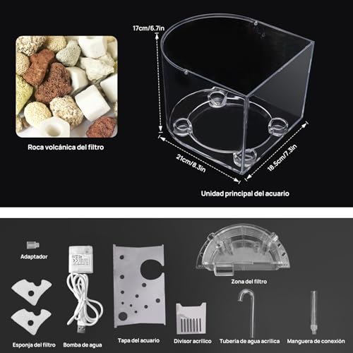 Mini Acuario de Escritorio para Peces Betta con Sistema de Filtración Automática de Ciclo Continuo y Bomba Sumergible, Acuario Micro Creativo Ideal para Hogar y Escritorio (S(21 * 20 * 16.5CM))