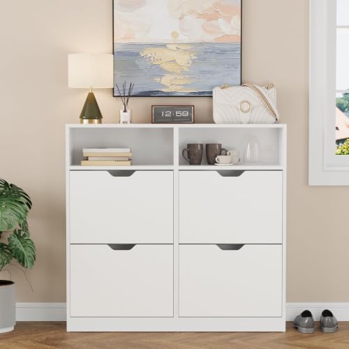 Zapatera Organizador Madera 4 Cajones Abatibles, Zapateras Modernas, Blanco | Zapateros Cerrado Mueble con Estantes Extraíbles, 8-16 pares, Zapatero de Madera para Recibidor Entrada Casa, 105*24*100cm