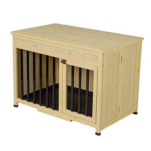 Good Life No Assembly Foldable Indoor Nature Wood Dog Crate Pet Cage Portable Cat/Dogs House Metal Railing with Tray (28" inch L)