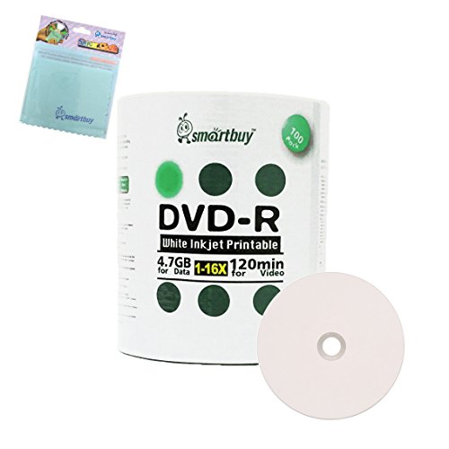 Smartbuy 100-disc 4.7GB/120min 16x DVD-R White Inkjet Hub Printable Blank Media Disc + Free Micro Fiber Cloth