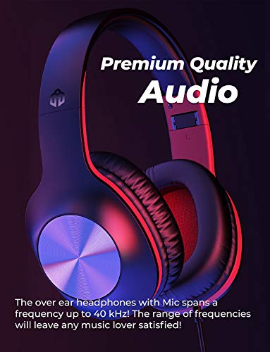 iClever Over Ear Headphones with Microphone - Foldable Lightweight Stereo Headphones, Adjustable Wired Headphones with 3.5mm Jack for Online Class/Meeting/iPad/Smartphone/Computer, Black&Red