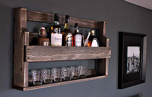 Dekorie Whisky Regal aus Holz - mit Gläserhalter - Braun - Industrie Stil - fertig montiert - Wandbar - Whisky-Regal aus…