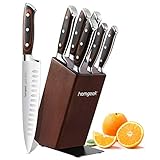 Kitchen Knife Set with Wooden Block Sharpener and Serrated Steak Knives, homgeek Professional High Carbon Steel Chef Knife Block Set Full-Tang Forged, German 1.4116 Steel, Pakkawood Handle (Oak)