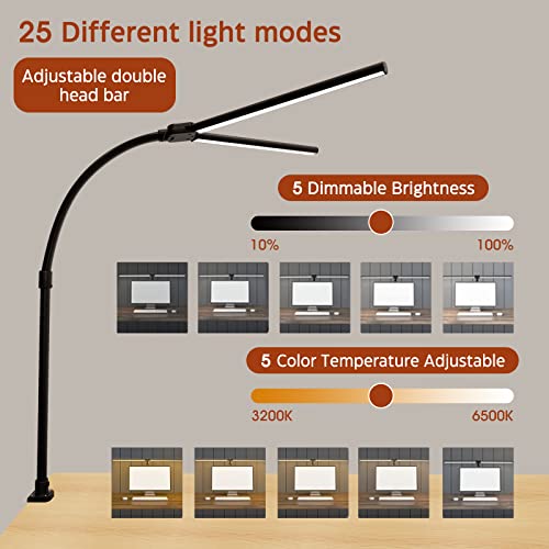 XIAOKOA LED Desk Lamp Double Head - Architect Desk Lamps Office 24W Brightest 5Color Modes and 5 Dimmable Eye Protection Lamp